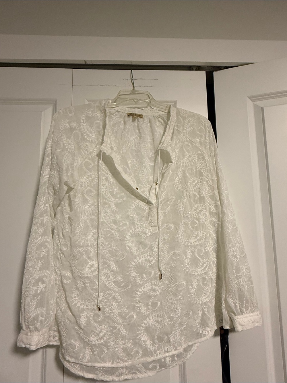 Democracy Ivory Embroidered Tie-Front Peasant Blouse